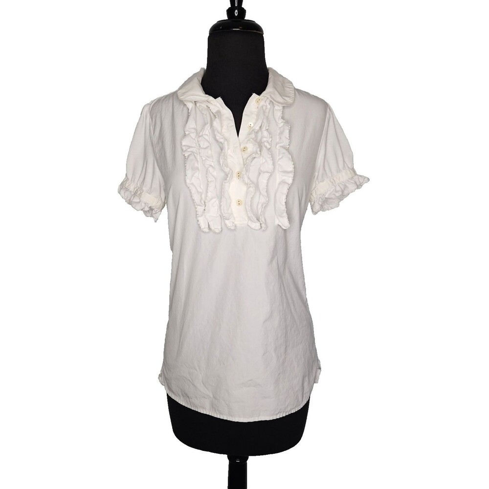 Y2K Juicy Couture White Cotton Blouse 8 Short Sleeve Shirt Half Button Ruffles